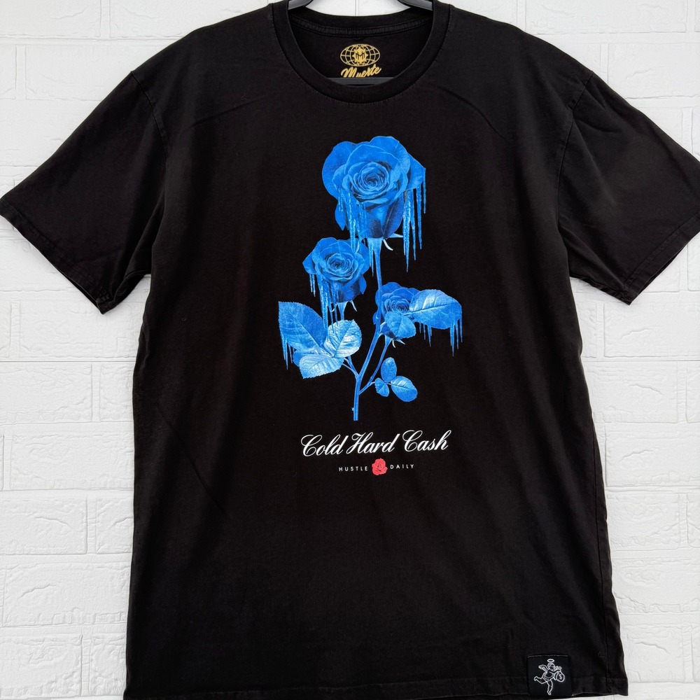 Muerte Cold Hard Cash Graphic T-Shirt Mens L Black Blue Frozen Rose Streetwear